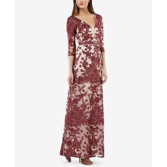 JS Collection Dresses & Skirts - JS Collection Floral Embroidered Lace Gown 6 Wine Red/Rose